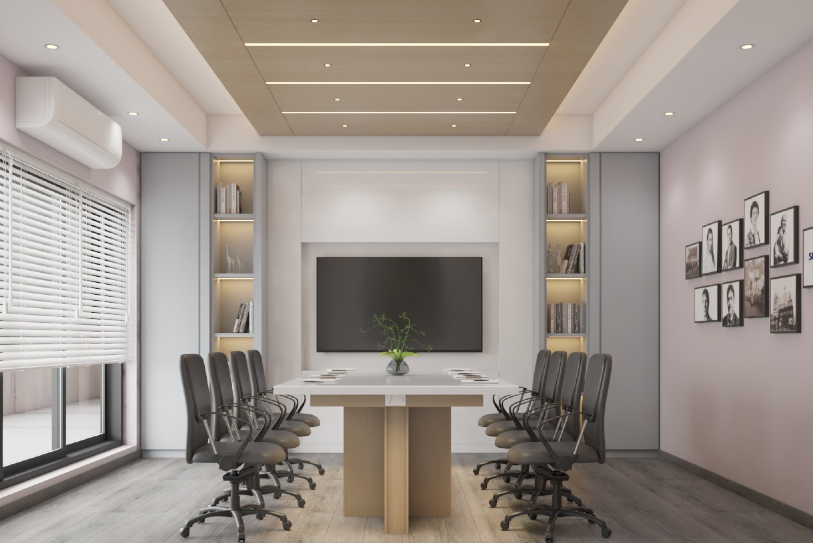 3D concept render of modern minimalist conference room with warm wood accents and built-in shelving, commercial office design Kolkata
